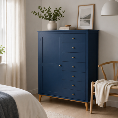 Vente avec paiement en ligne: Commode scandinave bleu, 7 tiroirs, pieds compas