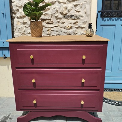 Vente avec paiement en ligne: Commode ancienne peinte merlot, pieds moustache