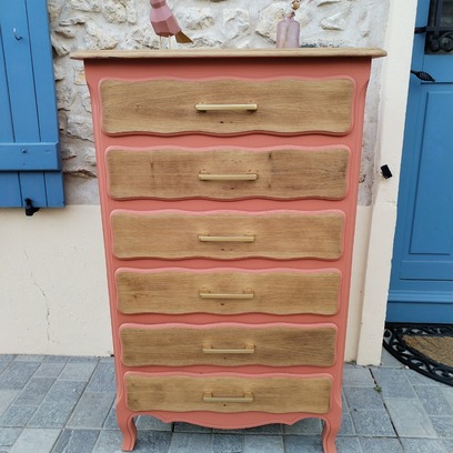 Vente avec paiement en ligne: Chiffonnier Ancien 6 Tiroirs Terracotta Bois Naturel