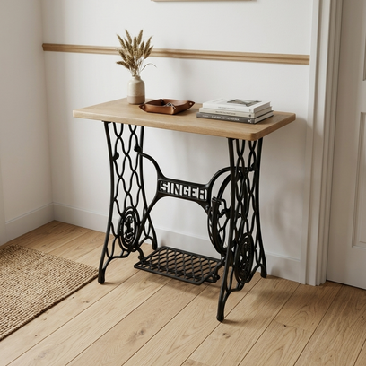 Vente avec paiement en ligne: Console Singer machine à coudre chêne clair