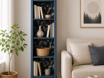 Vente avec paiement en ligne: Bibliothèque scandinave bleue, pieds compas, étagères réglables