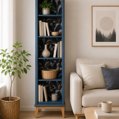 Vente avec paiement en ligne: Bibliothèque scandinave bleue, pieds compas, étagères réglables
