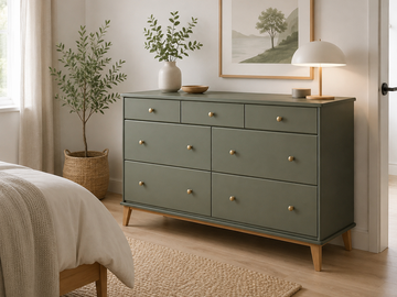 Vente avec paiement en ligne: Commode scandinave verte 7 tiroirs pieds compas