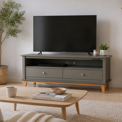 Vente avec paiement en ligne: Meuble TV scandinave vert pieds compas rénové