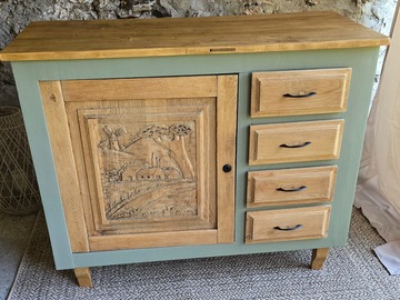 Vente avec paiement en ligne: Buffet bois massif vert, plateau en chêne