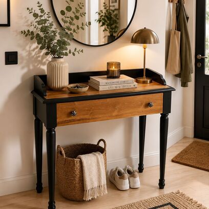 Vente avec paiement en ligne: Bureau Console Noir Vintage avec Grand Tiroir
