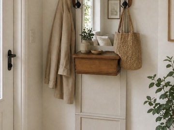 Vente avec paiement en ligne: Porte-manteau vintage bois avec miroir et coffre
