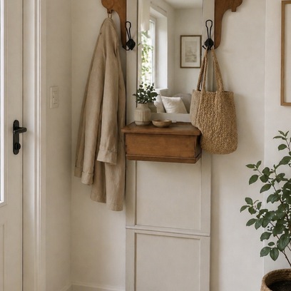 Vente avec paiement en ligne: Porte-manteau vintage bois avec miroir et coffre