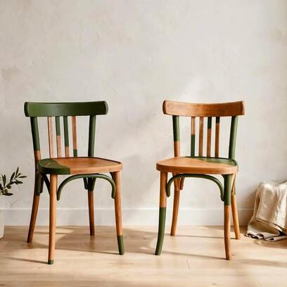 Vente avec paiement en ligne: Paire de chaises bistrot vintage vert olive