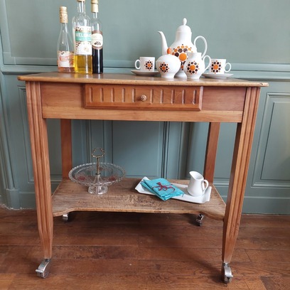 Vente avec paiement en ligne: Table à desserts vintage chêne sur roulettes