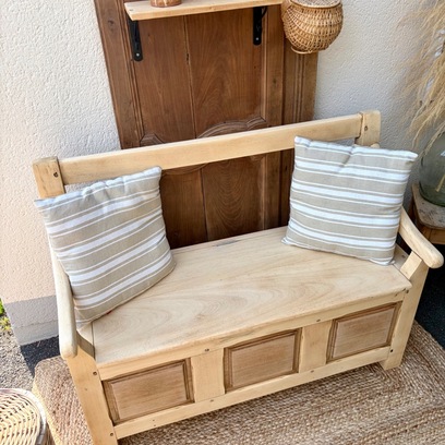 Vente avec paiement en ligne: Banc Coffre Bois Brut Rustique Rangement Entrée