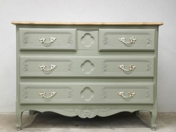 Vente avec paiement en ligne: Commode chêne vintage 4 tiroirs vert lichen