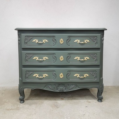 Vente avec paiement en ligne: Commode merisier vintage, 3 tiroirs, poignées dorées