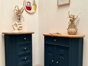 Vente avec paiement en ligne: Duo meubles d’entrée vintage bleu nuit upcyclés