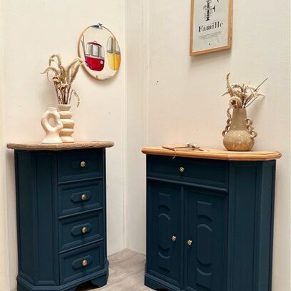 Vente avec paiement en ligne: Duo meubles d’entrée vintage bleu nuit upcyclés