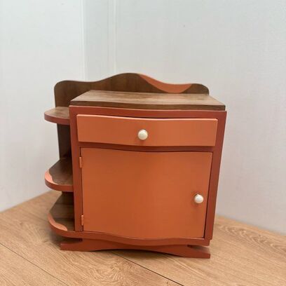 Vente avec paiement en ligne: Table de chevet bois terracotta vintage upcyclée
