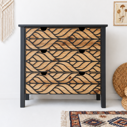 Vente avec paiement en ligne: Commode en pin noir découpe laser géométrique