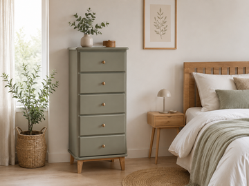 Vente avec paiement en ligne: Commode scandinave vintage 5 tiroirs vert sauge