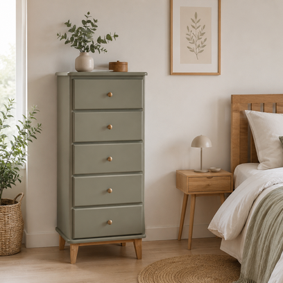 Vente avec paiement en ligne: Commode scandinave vintage 5 tiroirs vert sauge