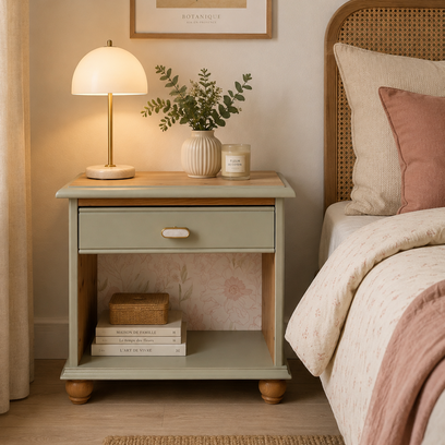 Vente avec paiement en ligne: Table de chevet en pin vert opaline