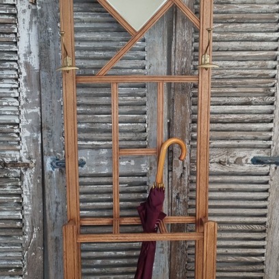 Vente avec paiement en ligne: Porte-manteau ancien bois, miroir biseauté, porte-parapluies