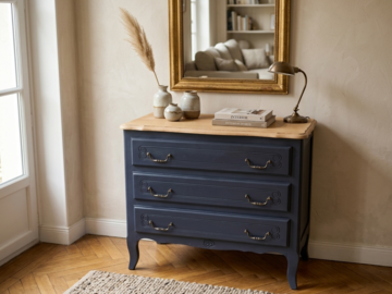 Vente avec paiement en ligne: Commode 3 Tiroirs Bleu Nuit Plateau Chêne