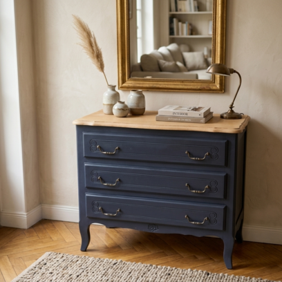 Vente avec paiement en ligne: Commode 3 Tiroirs Bleu Nuit Plateau Chêne