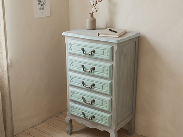 Vente avec paiement en ligne: Chiffonnier vintage chêne massif 5 tiroirs vert