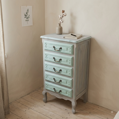 Vente avec paiement en ligne: Chiffonnier vintage chêne massif 5 tiroirs vert