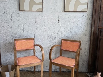 Vente avec paiement en ligne: Paire fauteuils vintage restaurés, tissu ÉLITIS rose