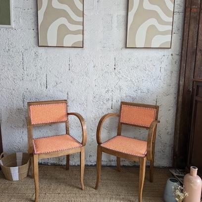 Vente avec paiement en ligne: Paire fauteuils vintage restaurés, tissu ÉLITIS rose