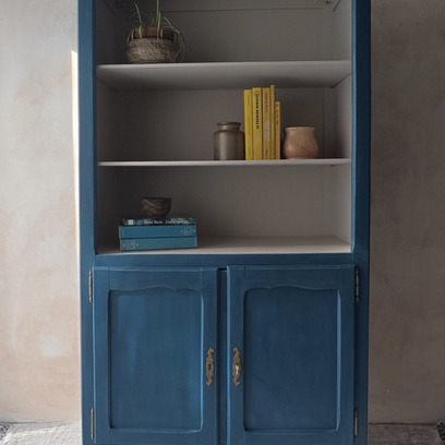 Vente avec paiement en ligne: Buffet vaisselier bibliothèque Louis XV bleu vintage