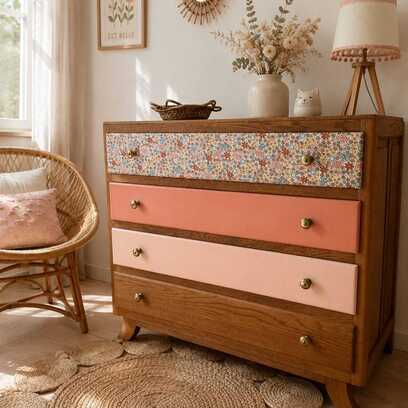 Vente avec paiement en ligne: Commode vintage rénovée bois naturel rose poudré