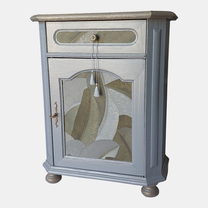 Vente avec paiement en ligne: Chevet vintage bois gris doré porte tiroir