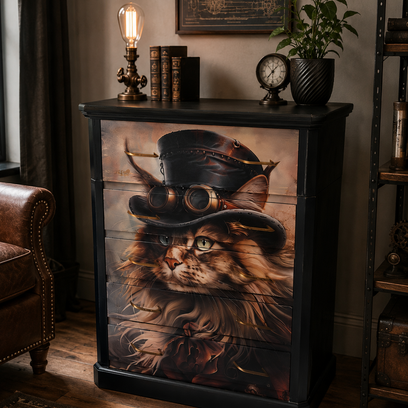 Vente avec paiement en ligne: Commode Coiffeuse Steampunk Noire, Miroir 4 Tiroirs