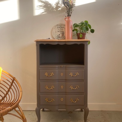 Vente avec paiement en ligne: Commode Vintage 3 Tiroirs Gris Taupe Merisier