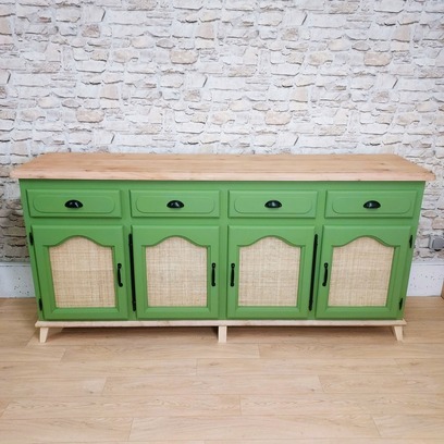 Vente avec paiement en ligne: Buffet bas merisier vert olive cannage vintage