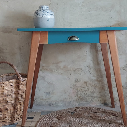 Vente avec paiement en ligne: Table scandinave hêtre massif bleu cyprès doré