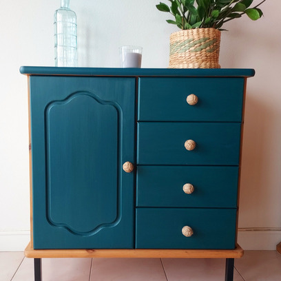Vente avec paiement en ligne: Buffet scandinave pin massif vert pétrole restauré