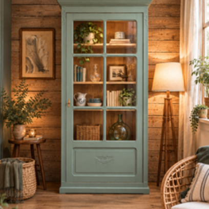 Vente avec paiement en ligne: Vitrine Art Déco Parisienne Bois Massif Vert-de-gris