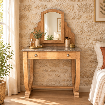 Vente avec paiement en ligne: Coiffeuse Art déco noyer blond plateau marbre