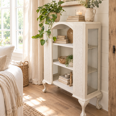 Vente avec paiement en ligne: Vitrine Bibliothèque Ancienne Patinée Blanche Shabby Chic