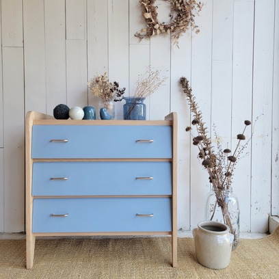 Vente avec paiement en ligne: Commode vintage années 60 bleu gris hêtre