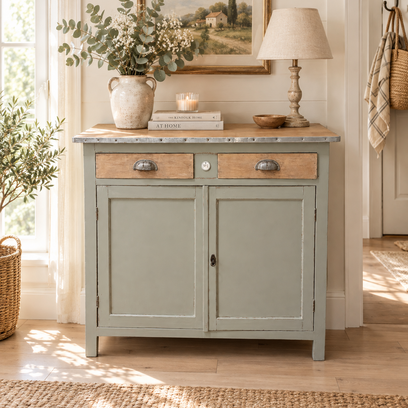 Vente avec paiement en ligne: Buffet parisien vintage sauge patiné plateau bois