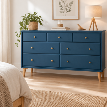 Vente avec paiement en ligne: Commode scandinave bleu-ganne pieds-compas rénovée