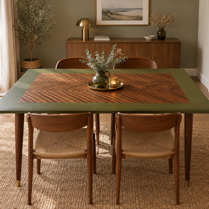 Vente avec paiement en ligne: Table à manger vintage acajou chevron pieds-compas