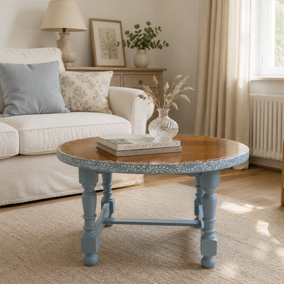 Vente avec paiement en ligne: Table basse ronde placage acajou gris bleu