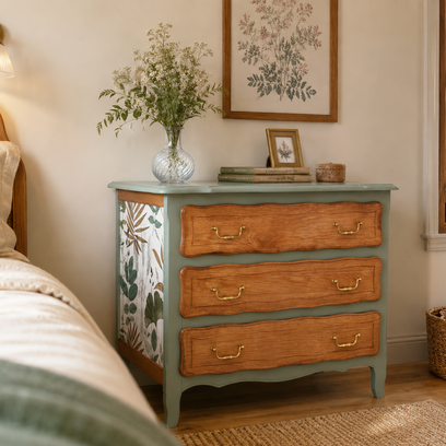 Vente avec paiement en ligne: Commode chêne ancienne restaurée vert sauge