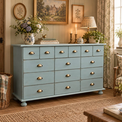 Vente avec paiement en ligne: Commode bleu poudré patine dorée campagne chic