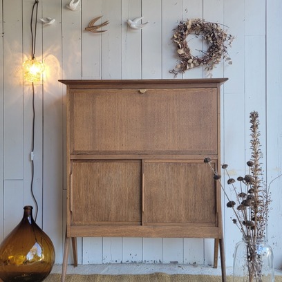 Vente avec paiement en ligne: Secrétaire vintage chêne pieds compas bureau rabattable